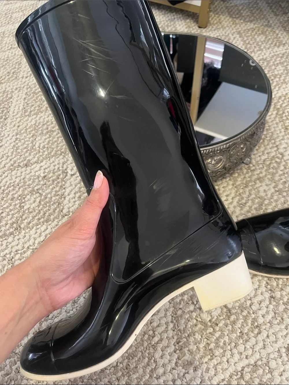 Authentic CHANEL Black Patent Rain Boots with Black and Cream Camellia